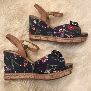 Clarks 8.5 Amelia Joyce Wedge Sandals | Navy Floral Cork Platform, Rare New NWT